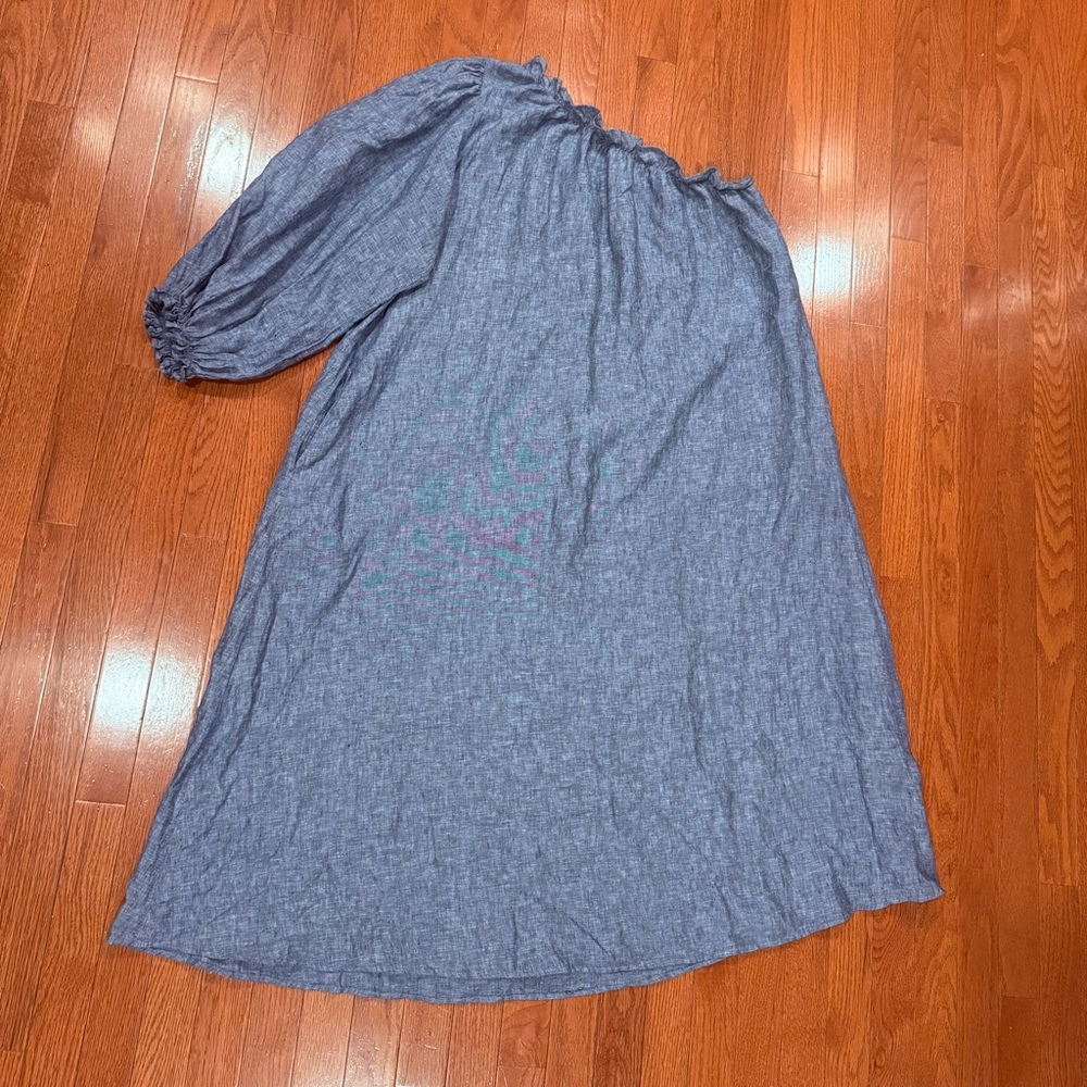 LAKE Milly One Shoulder Puff Sleeve Linen Midi Dress Womens Large Blue Coastal - Picture 6 of 10